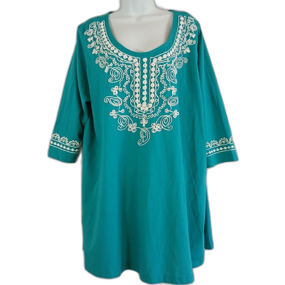 Woman Within Top Teal Embroidered